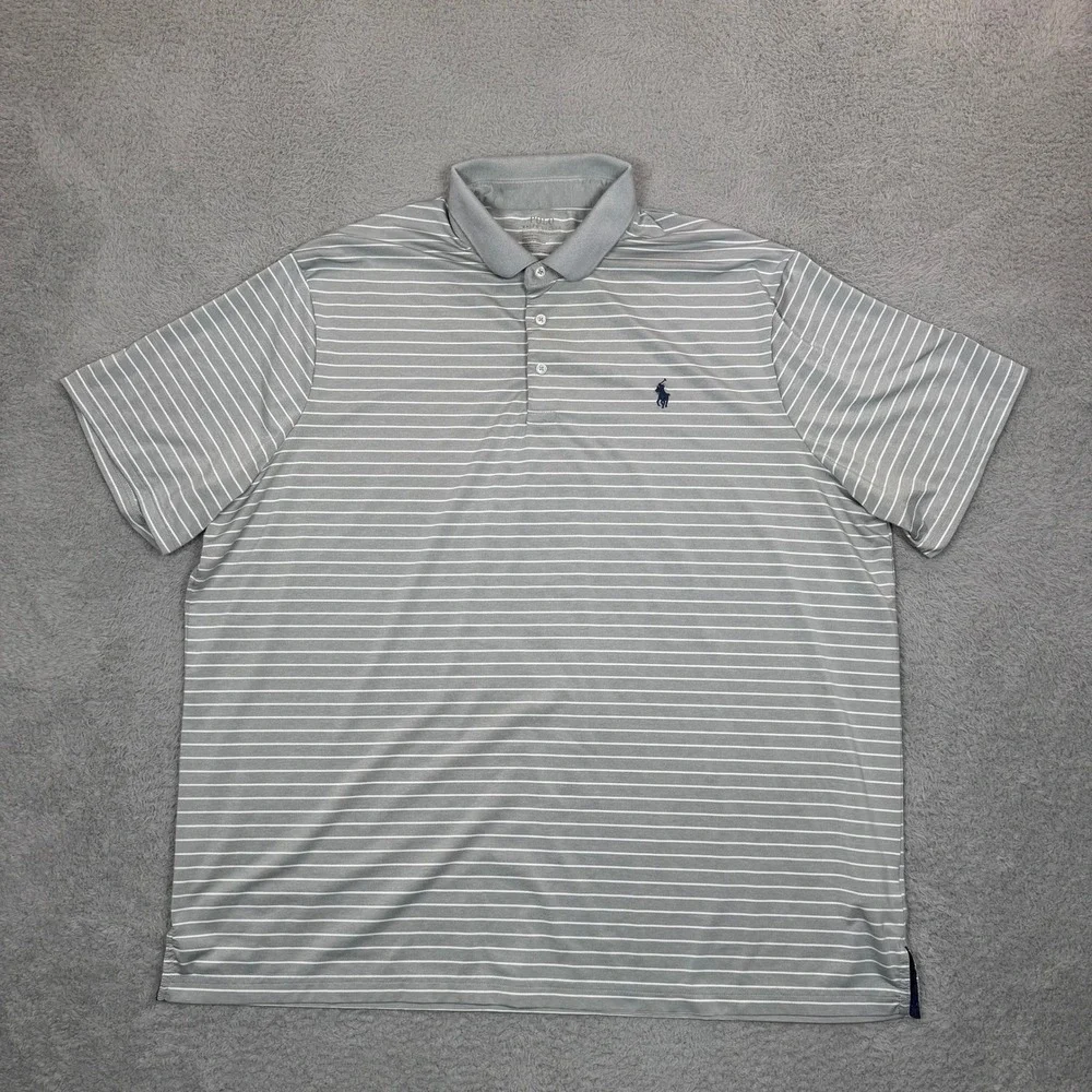 Polo Ralph Lauren Performance Mens XXL Grey White Striped Classic Fit Polo Shirt
